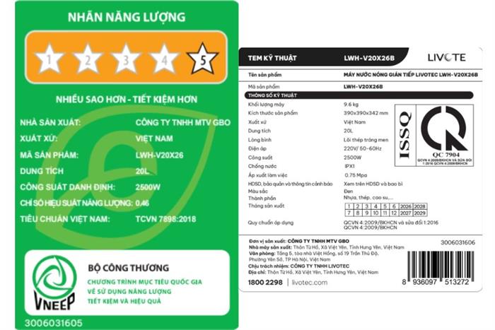Máy nước nóng gián tiếp Livotec 20 lít 2500W LWH-V20X26 Màu Trắng - Đen