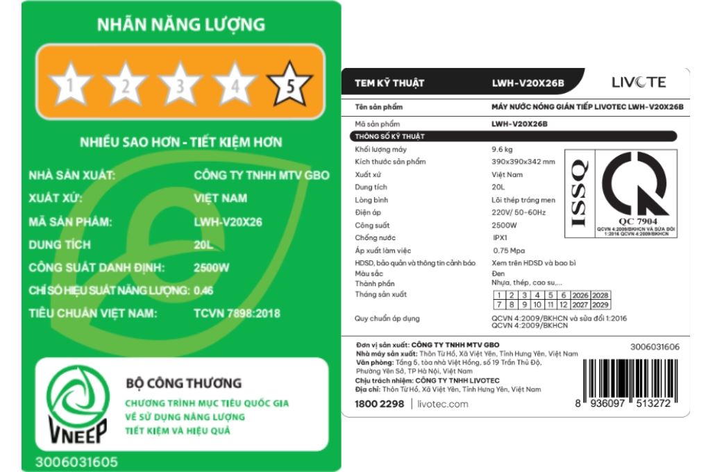 Máy nước nóng gián tiếp Livotec 20 lít 2500W LWH-V20X26 Màu Trắng - Đen