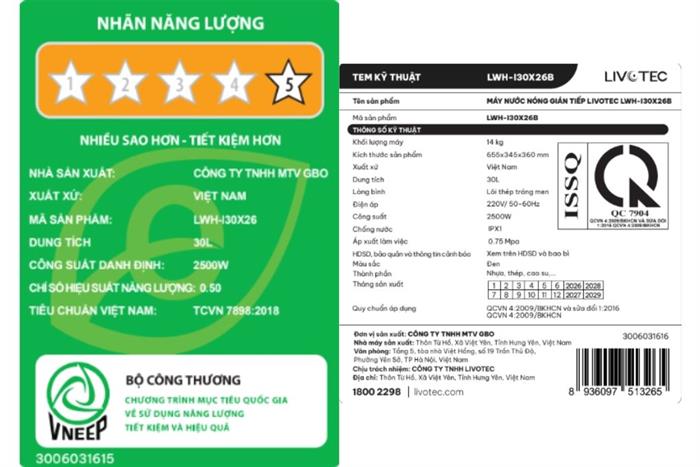 Máy nước nóng gián tiếp Livotec 30 lít 2500W LWH-I30X26 Màu Trắng - Đen