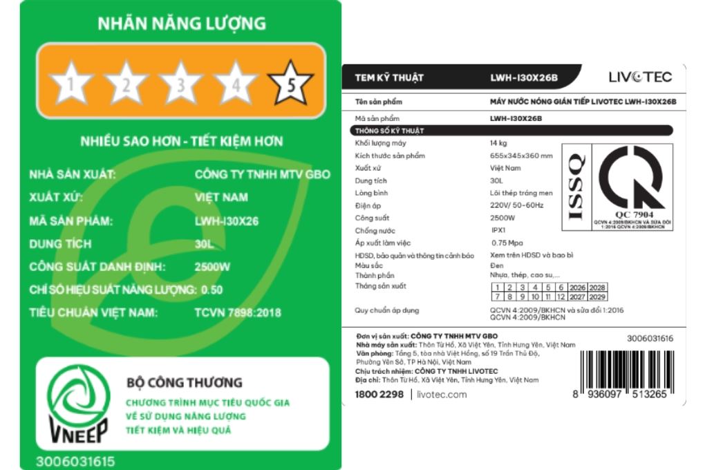 Máy nước nóng gián tiếp Livotec 30 lít 2500W LWH-I30X26 Màu Trắng - Đen
