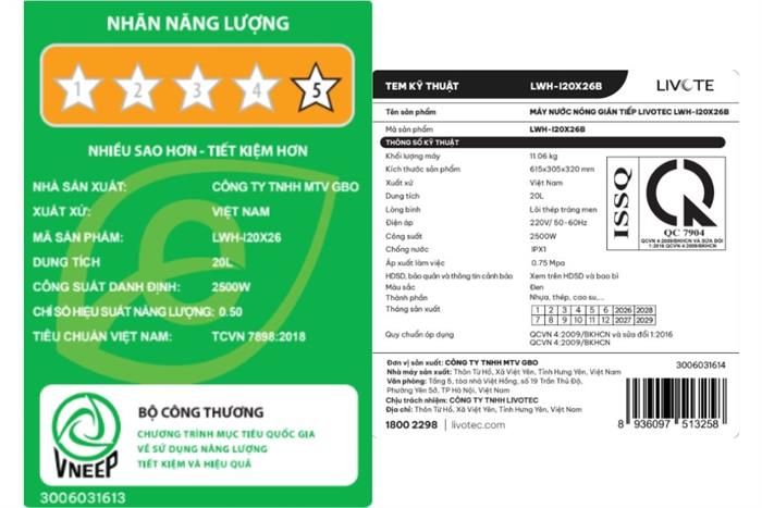 Máy nước nóng gián tiếp Livotec 20 lít 2500W LWH-I20X26 Màu Trắng - Đen