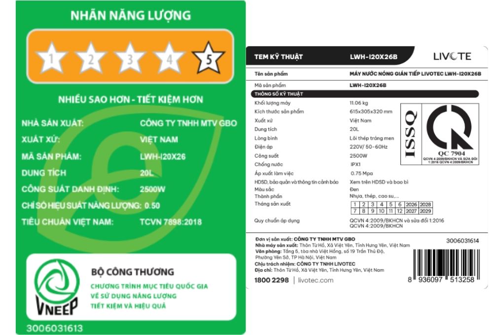 Máy nước nóng gián tiếp Livotec 20 lít 2500W LWH-I20X26 Màu Trắng - Đen