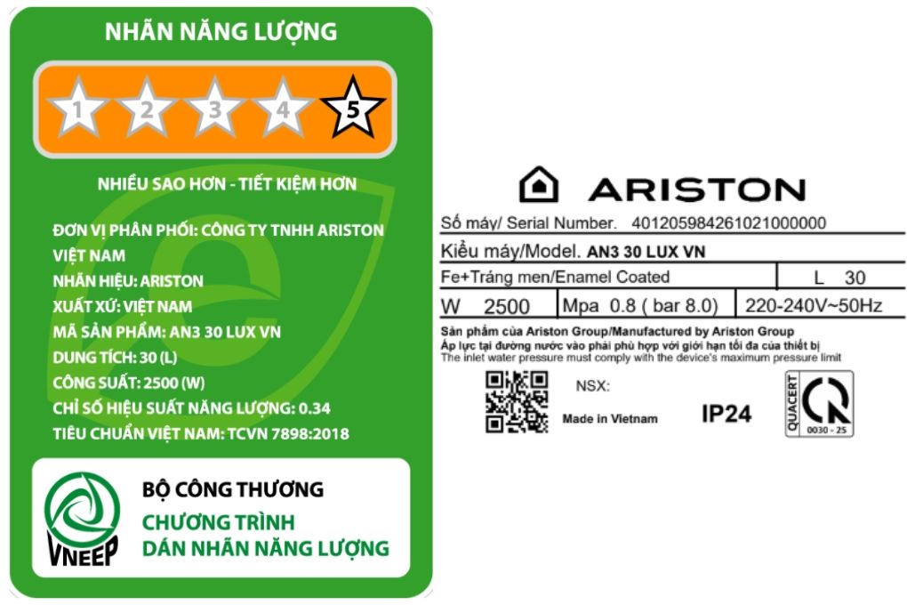 Bình nóng lạnh gián tiếp Ariston 30 lít 2500W AN3 30 LUX VN Màu Trắng/Đen