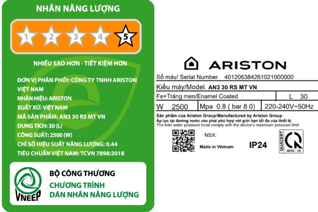 Bình nóng lạnh gián tiếp Ariston 30 lít 2500W AN3 30 RS MT VN Màu Trắng - Vàng
