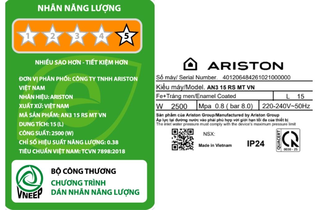 Máy nước nóng gián tiếp Ariston 15 lít 2500W AN3 15 RS MT VN Màu Trắng - Vàng