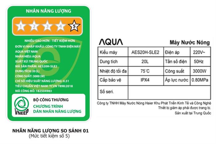 Máy nước nóng gián tiếp AQUA 20 lít 3000W AES20H-SLE2 Màu Đen - Xám