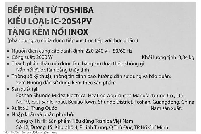 Bếp từ đơn Toshiba IC-20S4PV 2000W Màu Đen