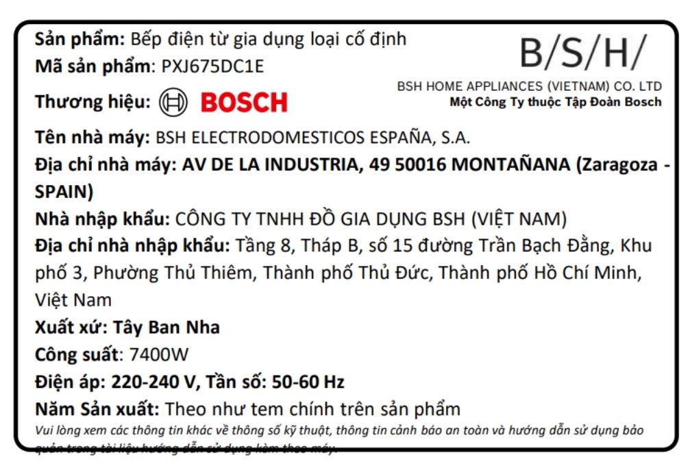 Bếp từ 3 vùng nấu lắp âm Bosch PXJ675DC1E Màu Đen