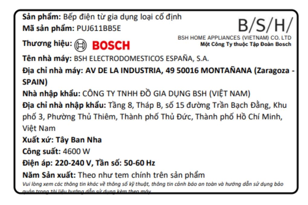 Bếp từ 3 vùng nấu âm Bosch PUJ611BB5E 4600W Màu Đen