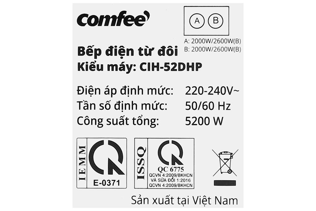 Bếp từ đôi âm Comfee CIH-52DHP 5200W Màu Đen