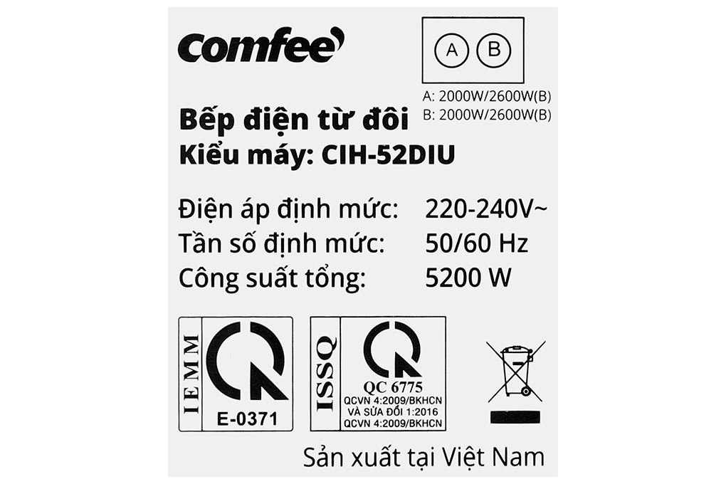 Bếp từ đôi âm Comfee CIH-52DIU 5200W Màu Đen