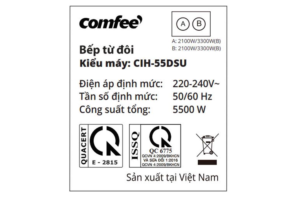 Bếp từ đôi âm Comfee CIH-55DSU 5500W Màu Đen