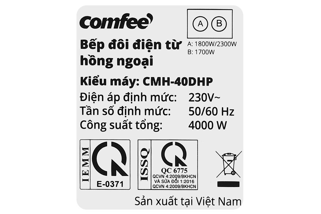 Bếp từ hồng ngoại âm Comfee CMH-40DHP 4000W Màu Đen