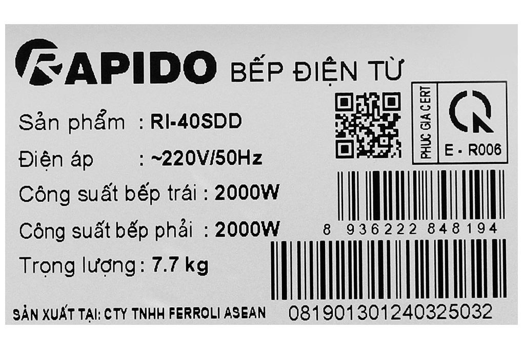 Bếp từ đôi âm Rapido RI-40SDD 4000W Màu Đen