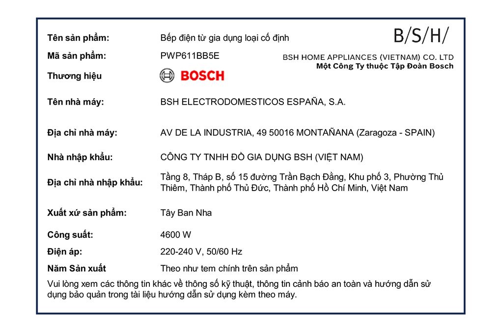 Bếp từ 4 vùng nấu âm Bosch PWP611BB5E 4600W Màu Đen