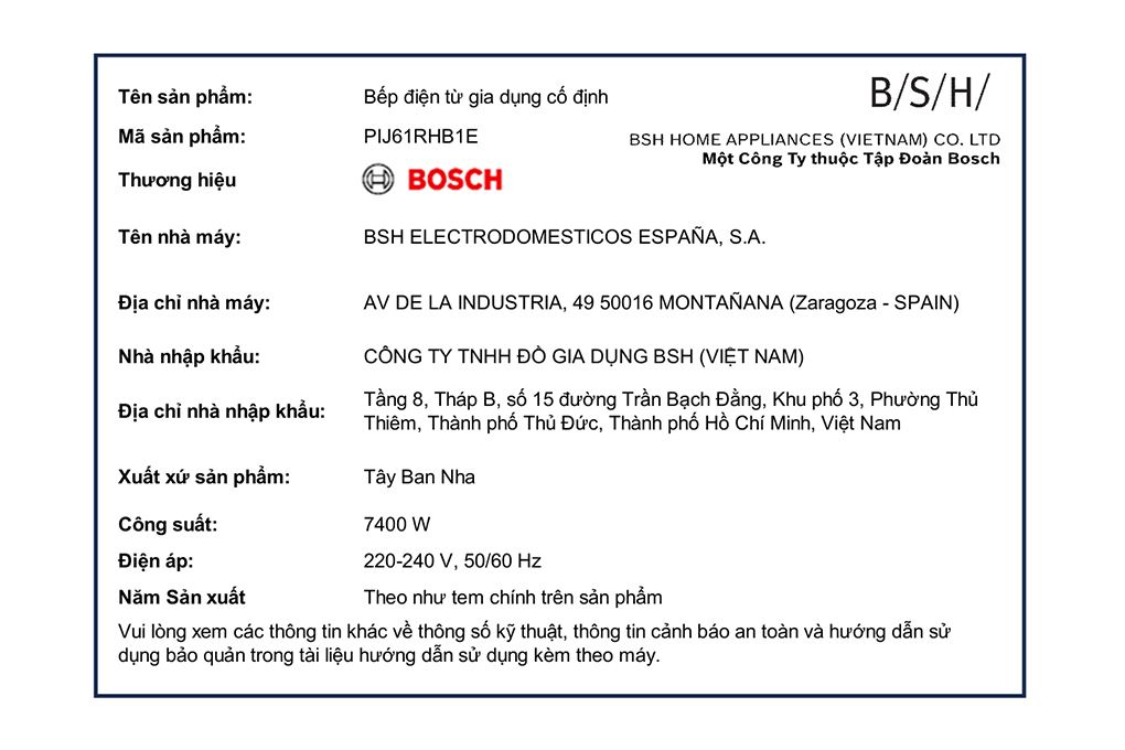 Bếp từ 3 vùng nấu âm Bosch PIJ61RHB1E 7400W Màu Đen