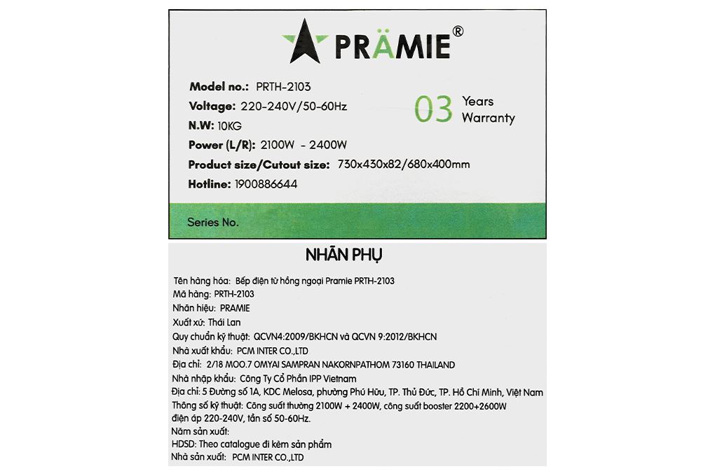 Bếp từ hồng ngoại âm Pramie PRTH-2103 4800W Màu Đen