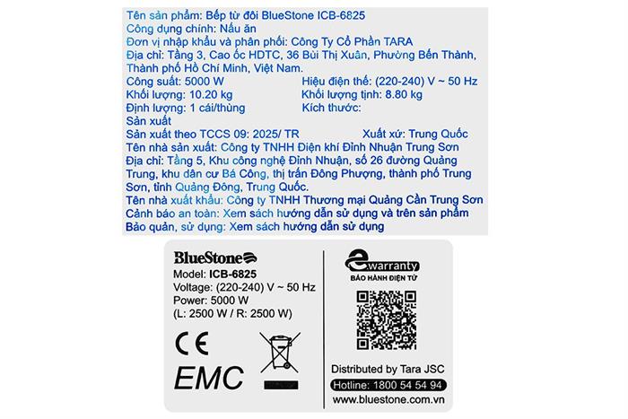 Bếp từ đôi âm BlueStone ICB-6825 5000W Màu Đen