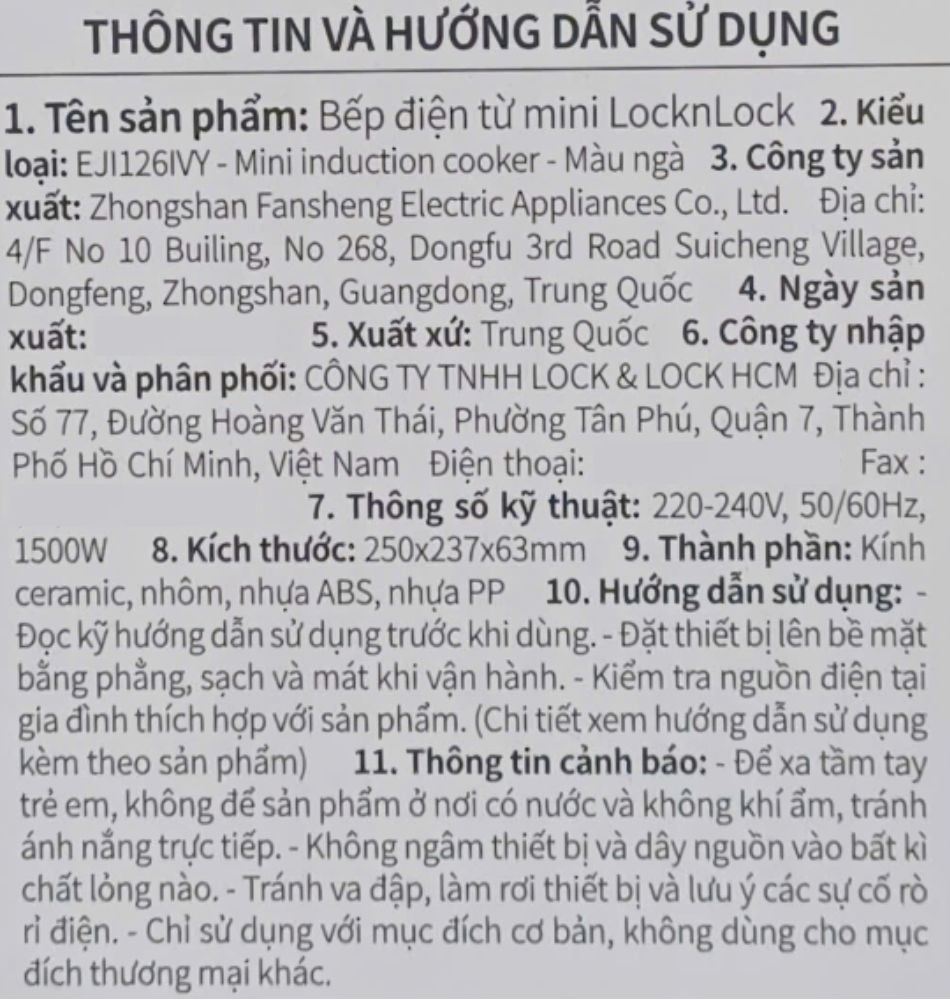 Bếp từ đơn Lock&Lock EJI126IVY 1500W Màu Màu be