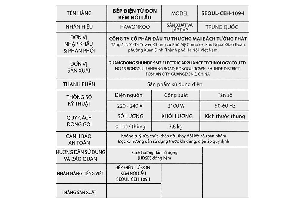 Bếp từ đơn Hawonkoo SEOUL-CEH-109-I 2100W Màu Đen