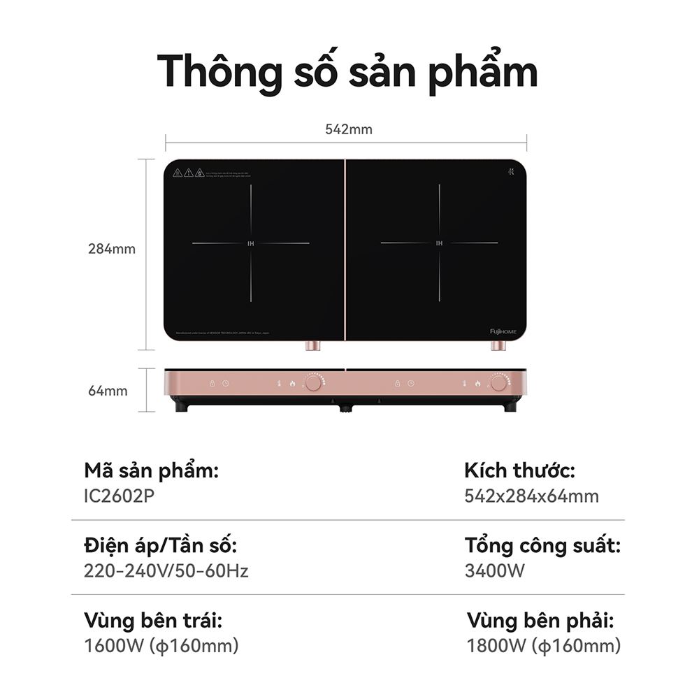 Bếp từ đôi FUJIHOME IC2602P 3400W Màu Hồng
