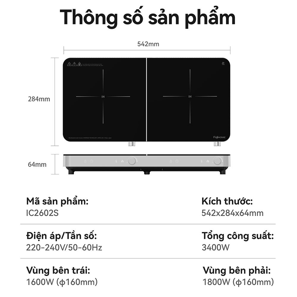 Bếp từ đôi FUJIHOME IC2602S 3400W Màu Bạc