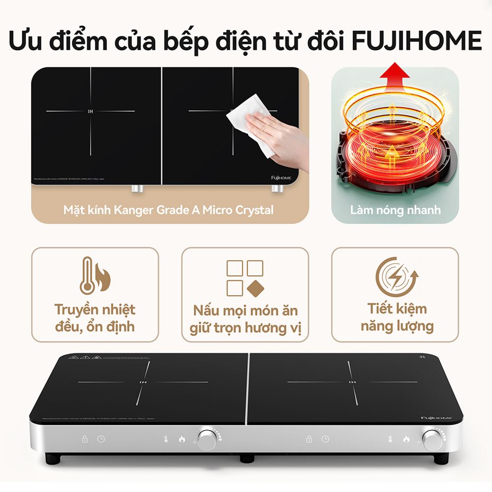 Bếp từ đôi FUJIHOME IC2602S 3400W Màu Bạc