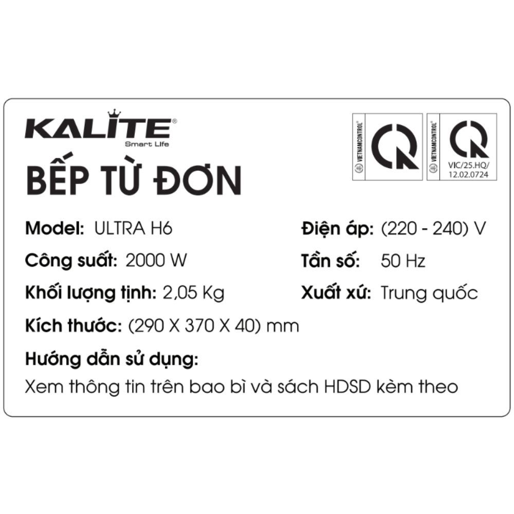 Bếp từ đơn KALITE Ultra H6 2000W Màu Đen