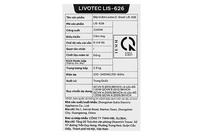 Bếp từ đơn Livotec E-smart LIS-626 2200W Màu Đen/Trắng
