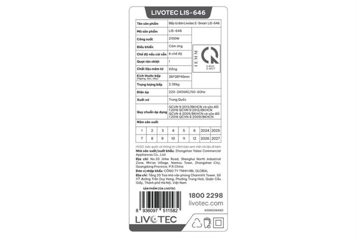 Bếp từ đơn Livotec E-smart LIS-646 2100W Màu Đen/Trắng