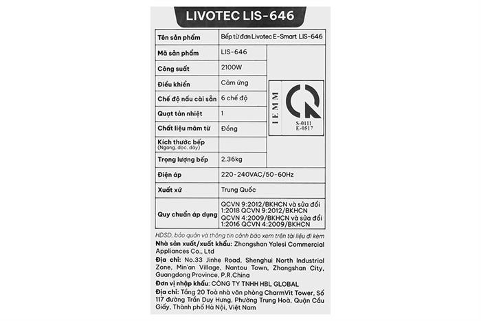 Bếp từ đơn Livotec E-smart LIS-646 2100W Màu Đen/Trắng