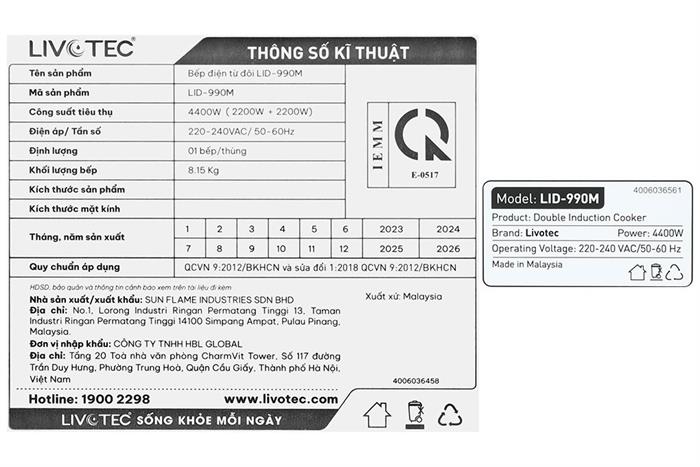 Bếp từ đôi âm Livotec LID-990M 4400W Màu Đen