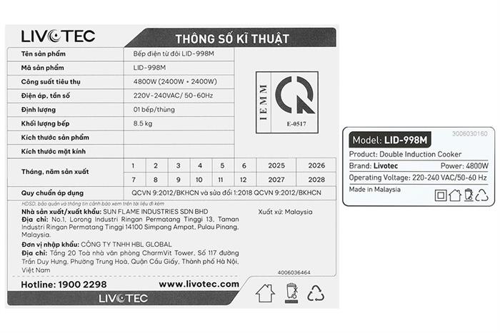 Bếp từ đôi âm Livotec LID-998M 4800W Màu Đen