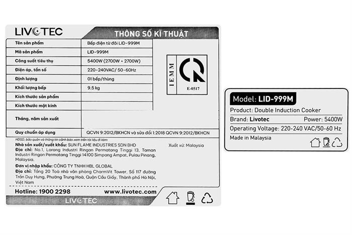 Bếp từ đôi âm Livotec LID-999M 5400W Màu Đen