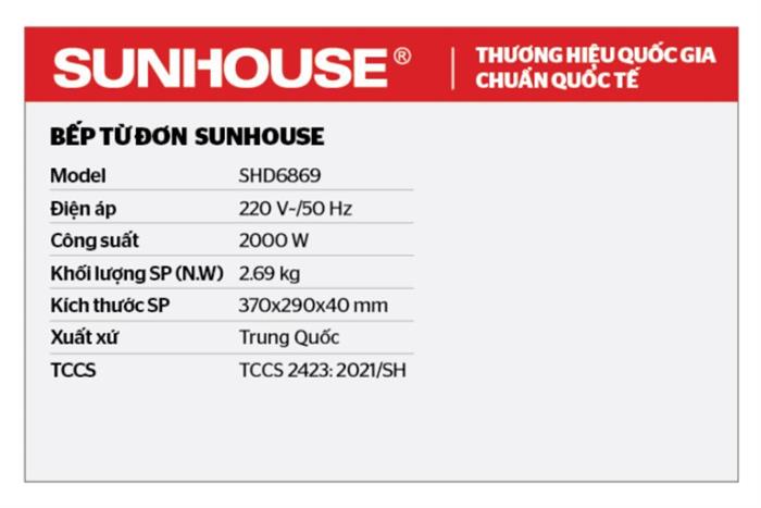 Bếp từ đơn Sunhouse SHD6869 2000W Màu Đen