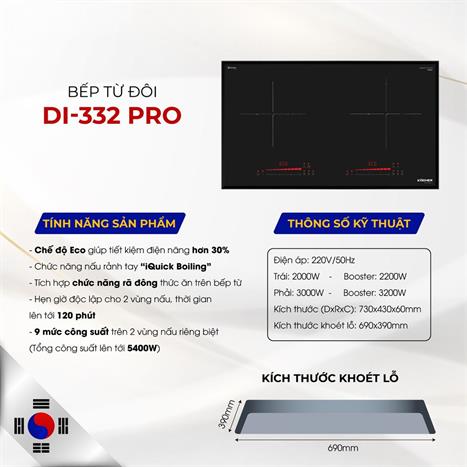 Bếp từ đôi âm Kocher DI-332 Pro 5000W Màu Đen