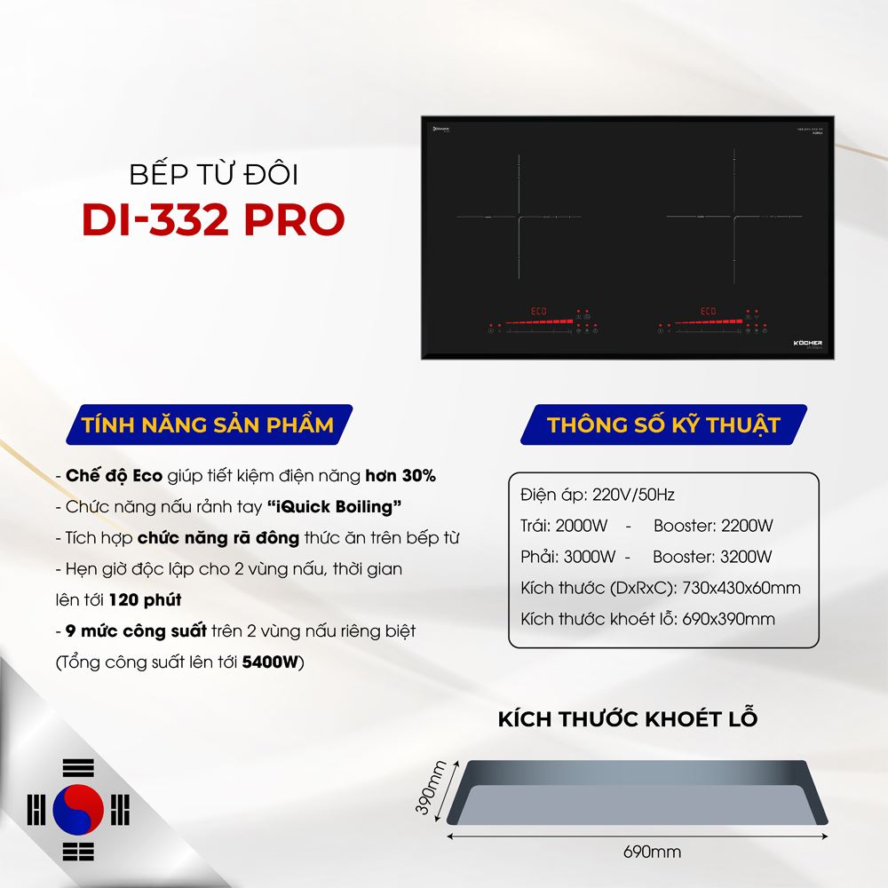 Bếp từ đôi âm Kocher DI-332 Pro 5000W Màu Đen