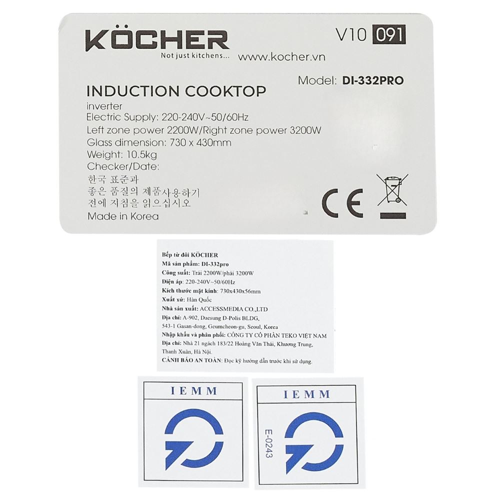 Bếp từ đôi âm Kocher DI-332 Pro 5000W Màu Đen