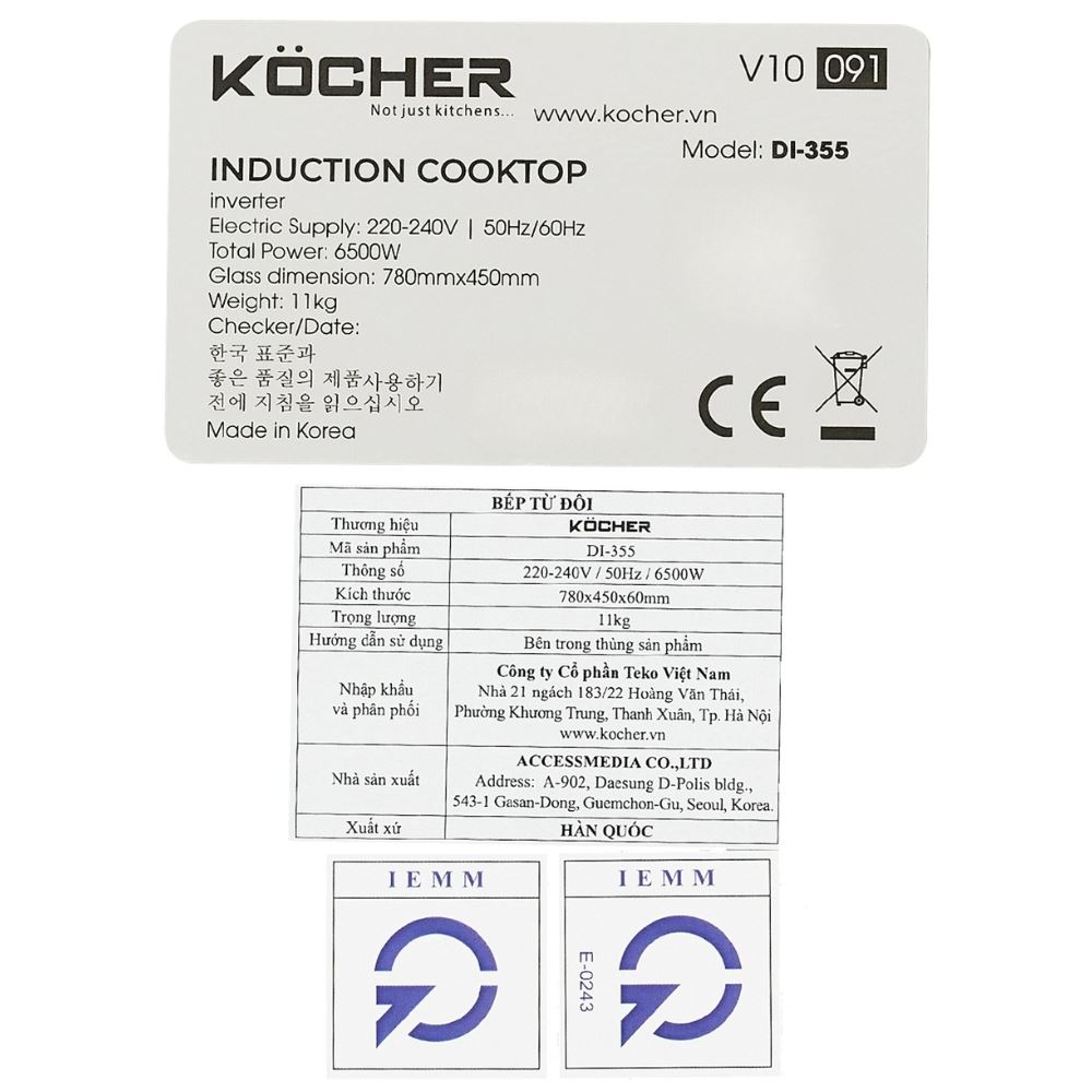 Bếp từ 3 vùng nấu âm Kocher DI-355 6500W Màu Đen