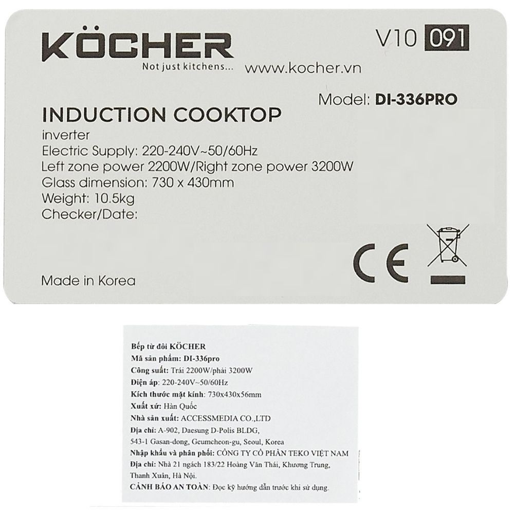 Bếp từ đôi âm Kocher DI-336 Pro 5000W Màu Đen