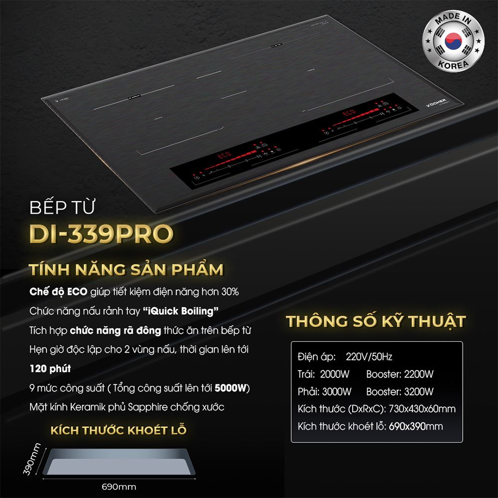 Bếp từ đôi âm Kocher DI-339 Pro 5000W Màu Đen