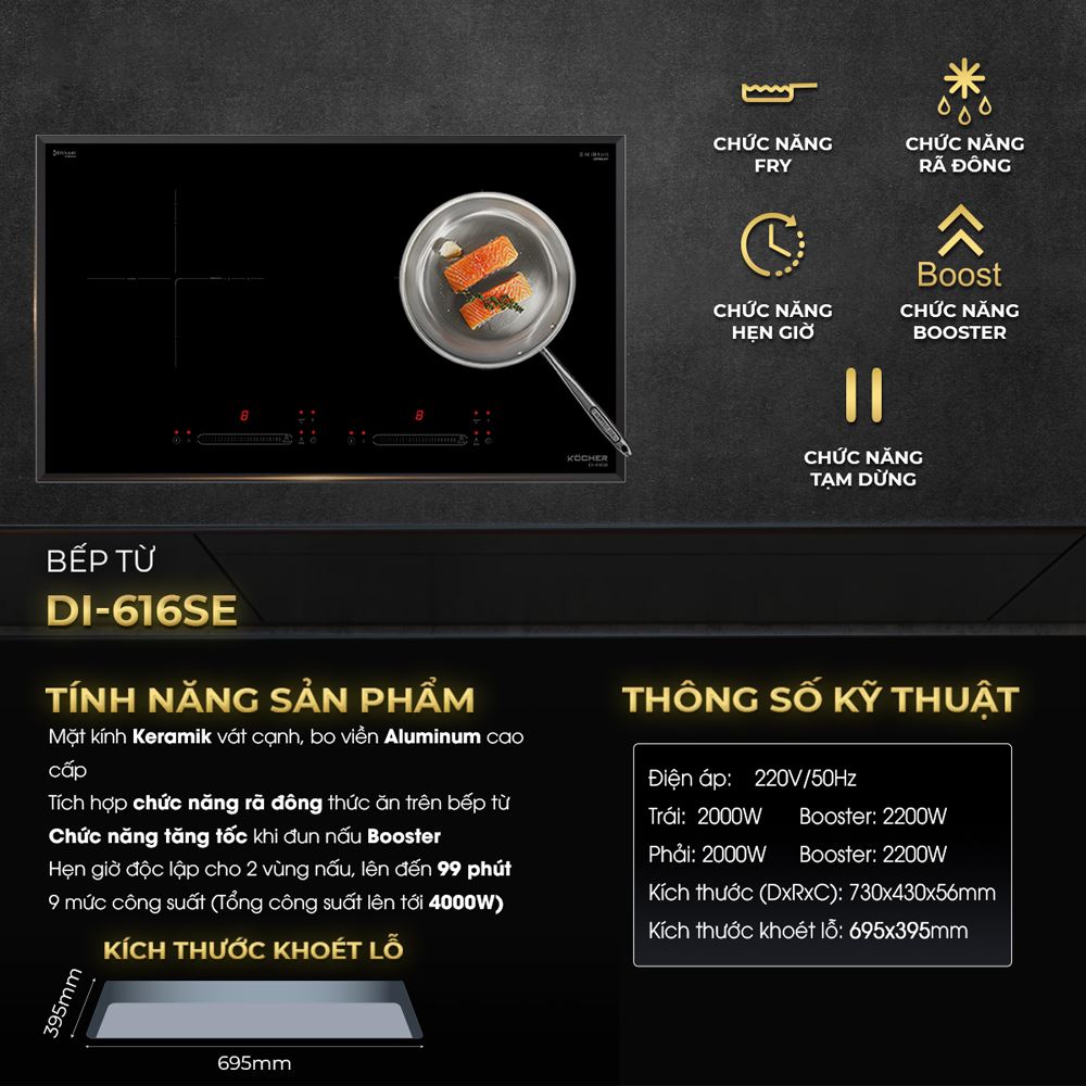 Bếp từ đôi âm Kocher DI-616SE 4000W Màu Đen