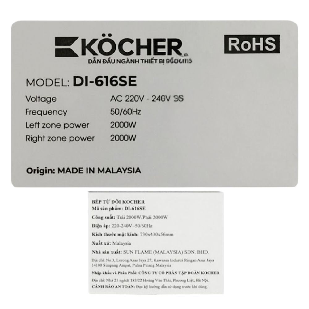 Bếp từ đôi âm Kocher DI-616SE 4000W Màu Đen