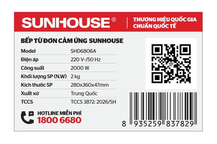 Bếp từ đơn Sunhouse SHD6806A 2000W Màu Đen