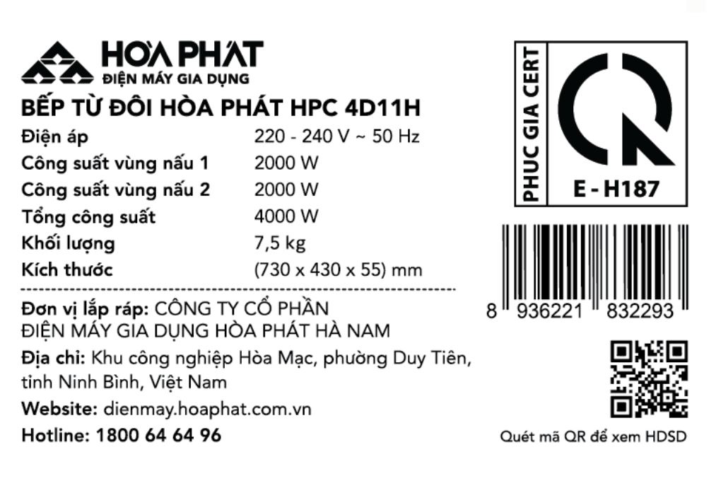 Bếp từ đôi âm Hòa Phát HPC 4D11H 4000W Màu Đen