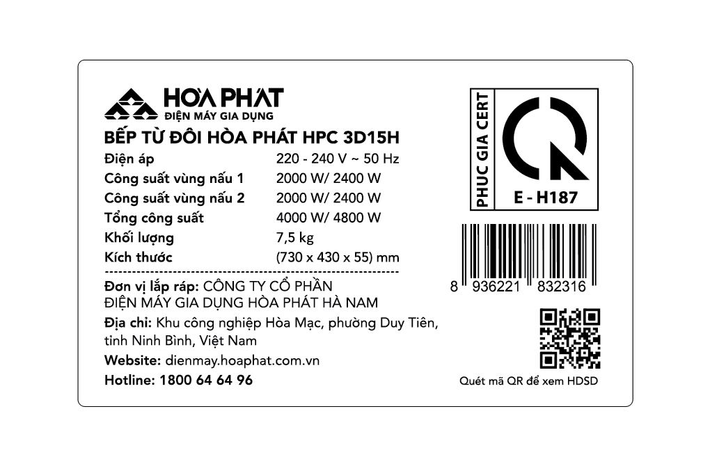 Bếp từ đôi âm Hòa Phát HPC 3D15H 4800W Màu Đen