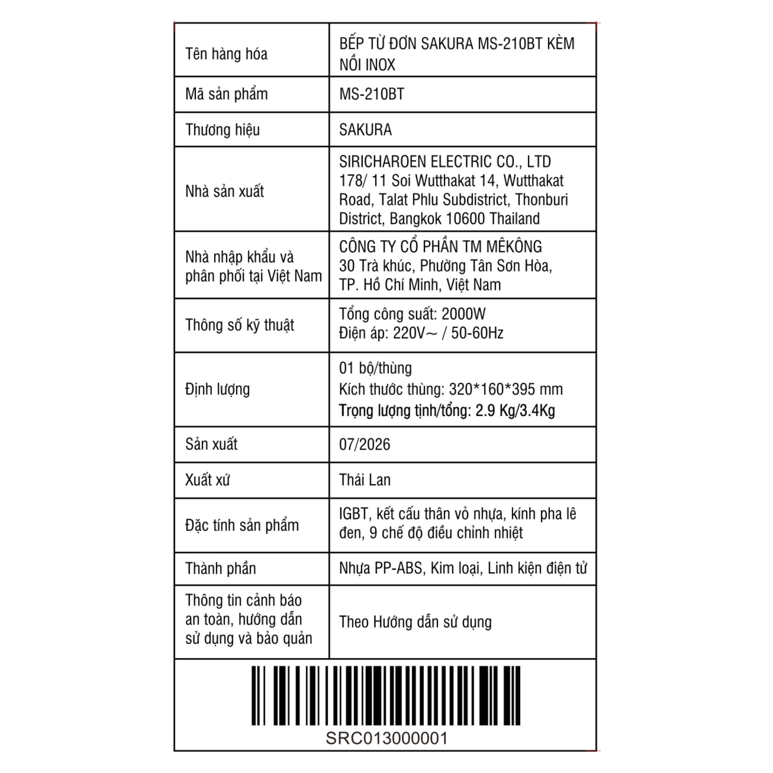 Bếp từ đơn Sakura MS-210BT 2000W Màu Đen