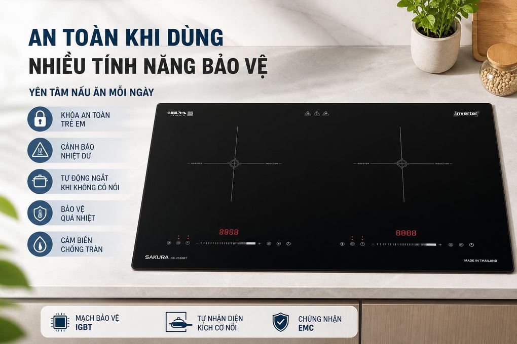 Bếp điện từ đôi Sakura DS-2550BT 5000W Màu Đen