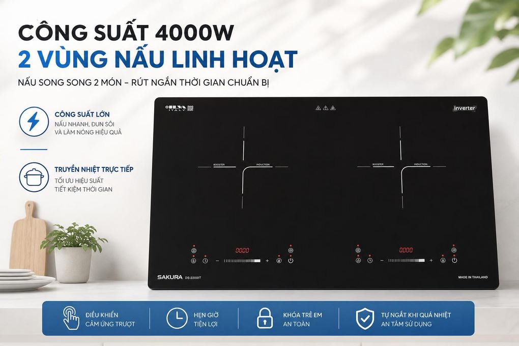 Bếp điện từ đôi Sakura DS-2200BT 4000W Màu Đen