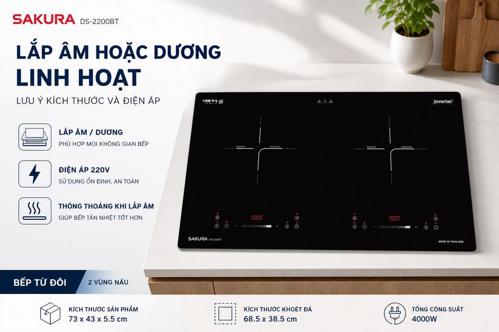 Bếp điện từ đôi Sakura DS-2200BT 4000W Màu Đen
